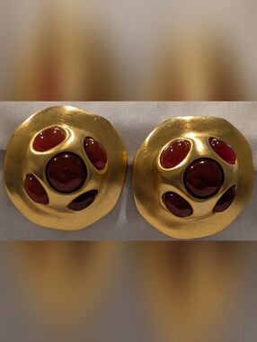 Clara Studio Gold-Tone Women’s Clip Earrings with Red Gem Cabochons